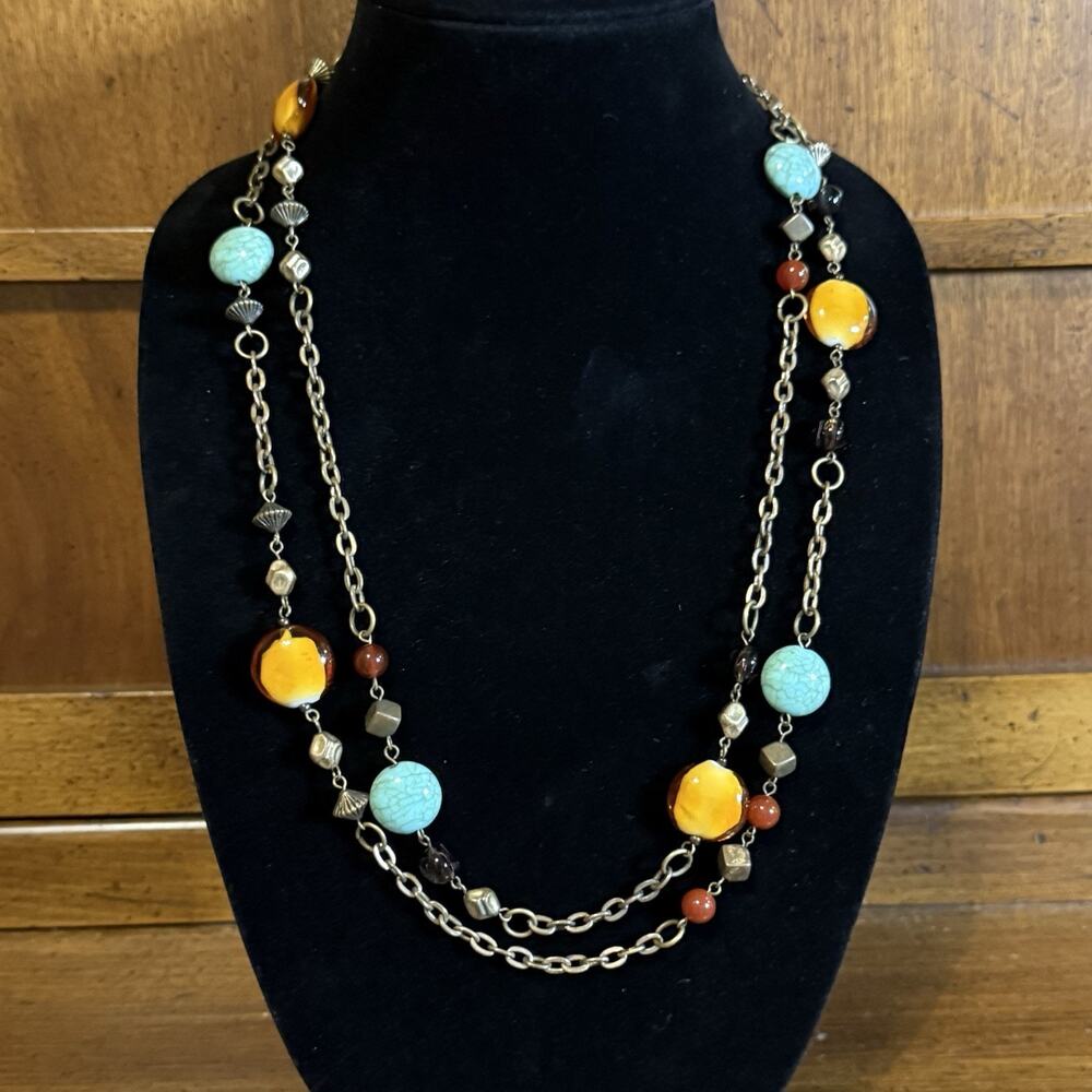 VTG Premier Designs Canary Isle Glass Bead Necklace Antique Brass Chain 54”